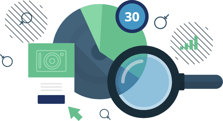 pie graph and magnifying class